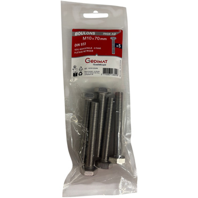 Boulon inox A2 - tête hexagonale ø 10 x L. 70 mm - vendu par 5