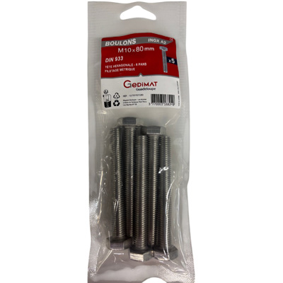 Boulon inox A2 - tête hexagonale ø 10 x L. 80 mm - vendu par 5