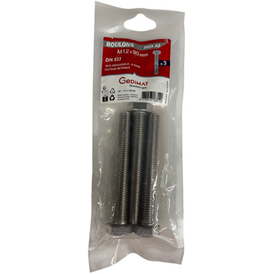 Boulon inox A2 - tête hexagonale ø 12 x L. 90 mm - vendu par 3