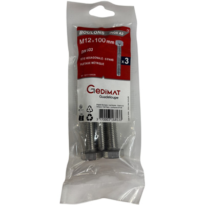 Boulon inox A2 - tête hexagonale ø 12 x L. 100 mm - vendu par 3