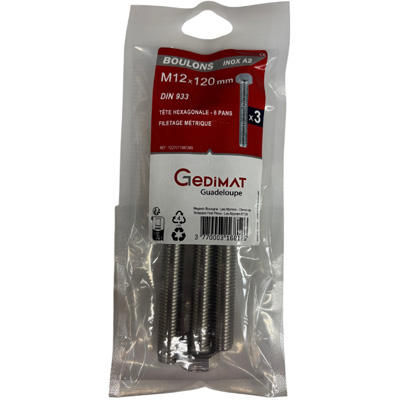 Boulon inox A2 - tête hexagonale ø 12 x L. 120 mm - vendu par 3