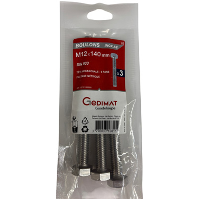 Boulon inox A2 - tête hexagonale ø 12 x L. 140 mm - vendu par 3