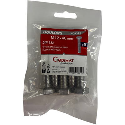 Boulon inox A2 - tête hexagonale ø 12 x L. 40 mm - vendu par 5