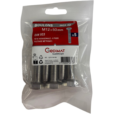 Boulon inox A2 - tête hexagonale ø 12 x L. 50 mm - vendu par 5
