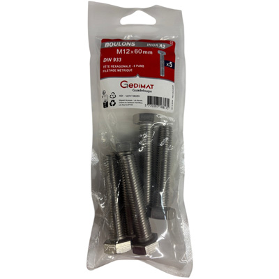 Boulon inox A2 - tête hexagonale ø 12 x L. 60 mm - vendu par 5