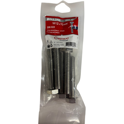 Boulon inox A2 - tête hexagonale ø 12 x L. 70 mm - vendu par 5