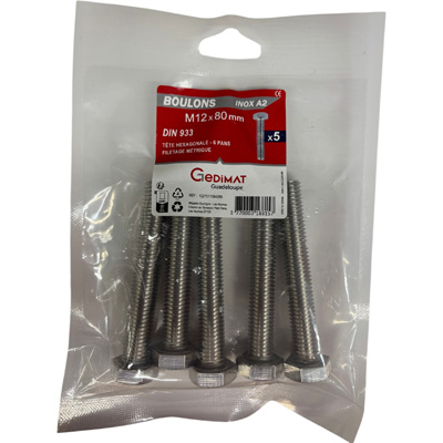 Boulon inox A2 - tête hexagonale ø 12 x L. 80 mm - vendu par 5