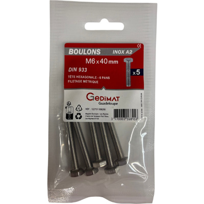 Boulon inox A2 - tête hexagonale ø 6 x L. 40 mm - vendu par 5