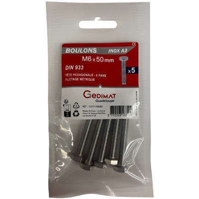 Boulon inox A2 - tête hexagonale ø 6 x L. 50 mm - vendu par 5