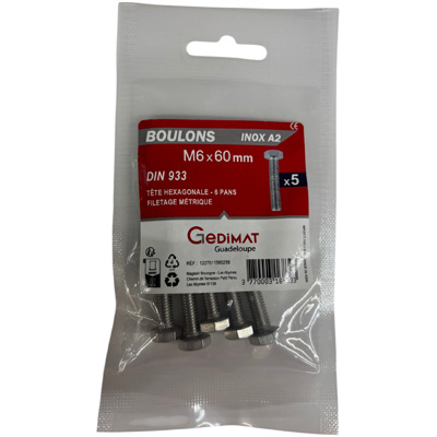 Boulon inox A2 - tête hexagonale ø 6 x L. 60 mm - vendu par 5