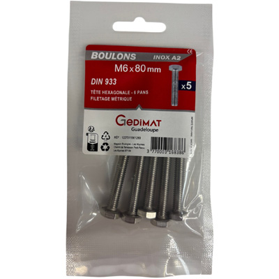 Boulon inox A2 - tête hexagonale ø 6 x L. 80 mm - vendu par 5