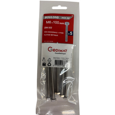 Boulon inox A2 - tête hexagonale ø 6 x L. 100 mm - vendu par 5