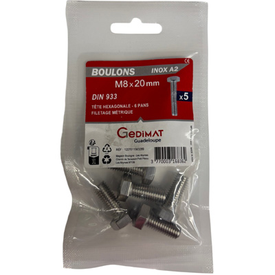 Boulon inox A2 - tête hexagonale ø 8 x L. 20 mm - vendu par 5