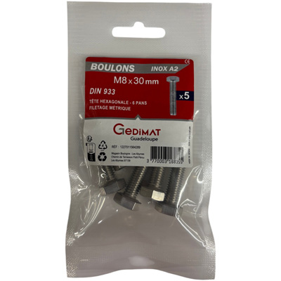 Boulon inox A2 - tête hexagonale ø 8 x L. 30 mm - vendu par 5