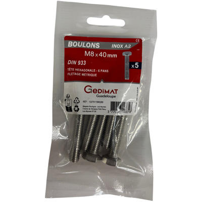 Boulon inox A2 - tête hexagonale ø 8 x L. 40 mm - vendu par 5