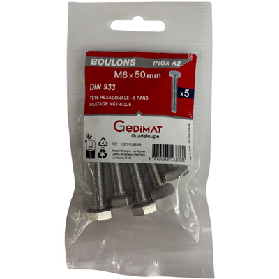 Boulon inox A2 - tête hexagonale ø 8 x L. 50 mm - vendu par 5