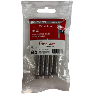 Boulon inox A2 - tête hexagonale ø 8 x L. 60 mm - vendu par 5