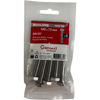 Boulon inox A2 - tête hexagonale ø 8 x L. 70 mm - vendu par 5