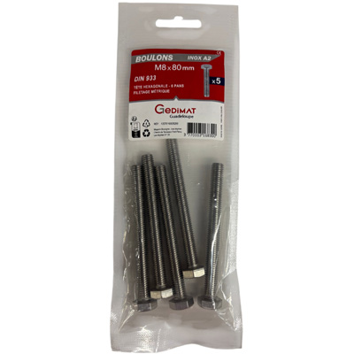 Boulon inox A2 - tête hexagonale ø 8 x L. 80 mm - vendu par 5