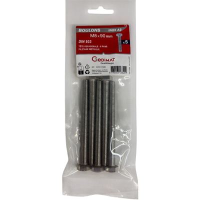 Boulon inox A2 - tête hexagonale ø 8 x L. 90 mm - vendu par 5
