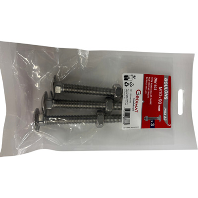 Boulon TRCC + écrou inox A2 - tête demi-ronde FP ø 10 x L. 90mm - vendu par 3