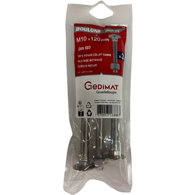 Boulon TRCC + écrou inox A2 - tête demi-ronde FP ø 10 x L. 120mm - vendu par 3