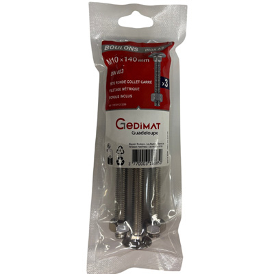 Boulon TRCC + écrou inox A2 - tête demi-ronde FP ø 10 x L. 140mm - vendu par 3
