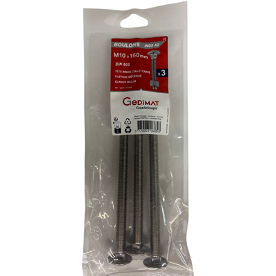 Boulon TRCC + écrou inox A2 - tête demi-ronde FP ø 10 x L. 160mm - vendu par 3