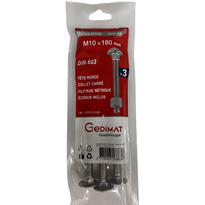 Boulon TRCC + écrou inox A2 - tête demi-ronde FP ø 10 x L. 180mm - vendu par 3