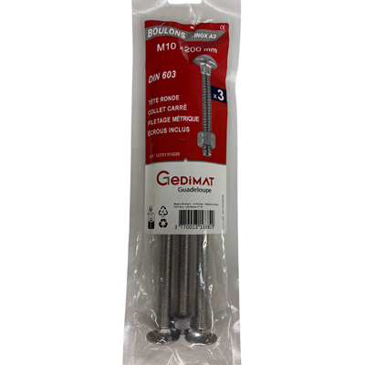 Boulon TRCC + écrou inox A2 - tête demi-ronde FP ø 10 x L. 200mm - vendu par 3