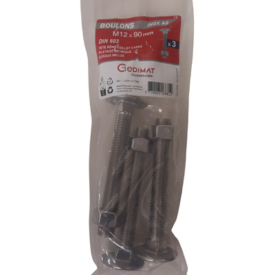 Boulon TRCC + écrou inox A2 - tête demi-ronde FP ø 12 x L. 90mm - vendu par 3