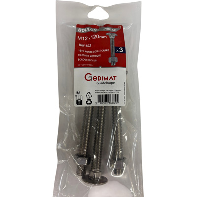Boulon TRCC + écrou inox A2 - tête demi-ronde FP ø 12 x L. 120mm - vendu par 3