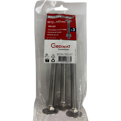 Boulon TRCC + écrou inox A2 - tête demi-ronde FP ø 12 x L. 160mm - vendu par 3