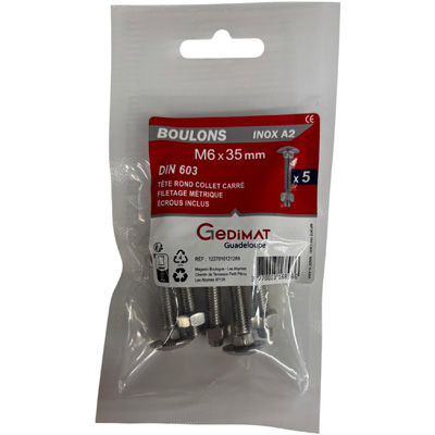 Boulon TRCC + écrou inox A2 - tête demi-ronde FP ø 6 x L. 35mm - vendu par 5