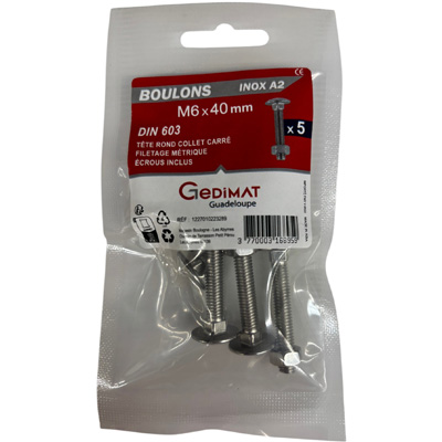 Boulon TRCC + écrou inox A2 - tête demi-ronde FP ø 6 x L. 40mm - vendu par 5