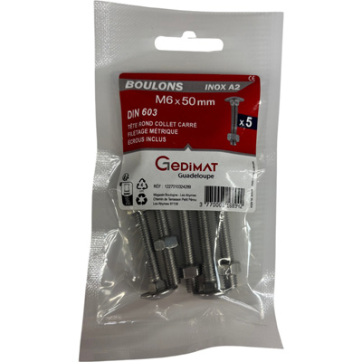 Boulon TRCC + écrou inox A2 - tête demi-ronde FP ø 6 x L. 50mm - vendu par 5