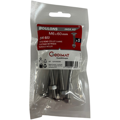 Boulon TRCC + écrou inox A2 - tête demi-ronde FP ø 6 x L. 60mm - vendu par 5