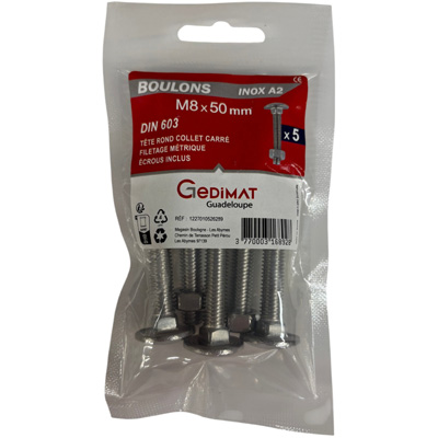 Boulon TRCC + écrou inox A2 - tête demi-ronde FP ø 8 x L. 50mm - vendu par 5