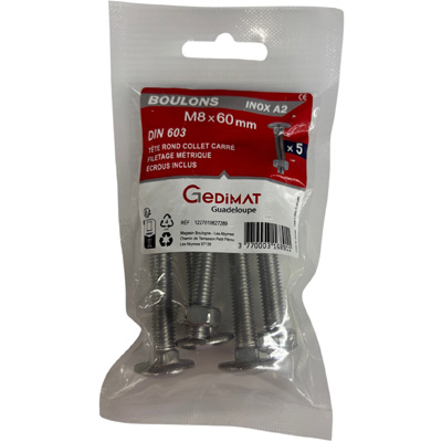 Boulon TRCC + écrou inox A2 - tête demi-ronde FP ø 8 x L. 60mm - vendu par 5