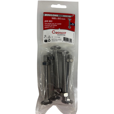 Boulon TRCC + écrou inox A2 - tête demi-ronde FP ø 8 x L. 80mm - vendu par 5