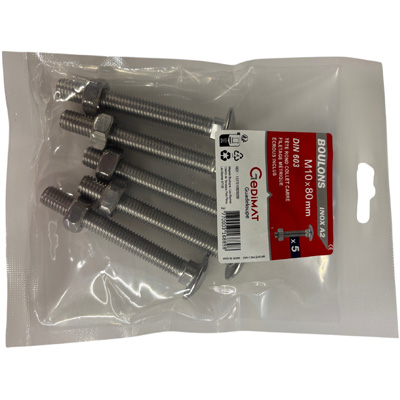 Boulon TRCC + écrou inox A2 - tête demi-ronde FP ø 10 x L. 80mm - vendu par 5