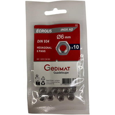 Ecrou hexagonal inox A2 ø 6mm - vendu par 10