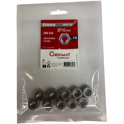 Ecrou hexagonal inox A2 ø 10mm - vendu par 10