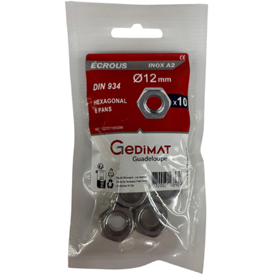 Ecrou hexagonal inox A2 ø 12mm - vendu par 10