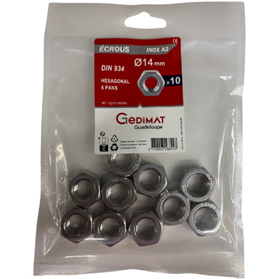 Ecrou hexagonal inox A2 ø 14mm - vendu par 10