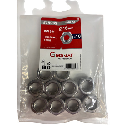 Ecrou hexagonal inox A2 ø 16mm - vendu par 10