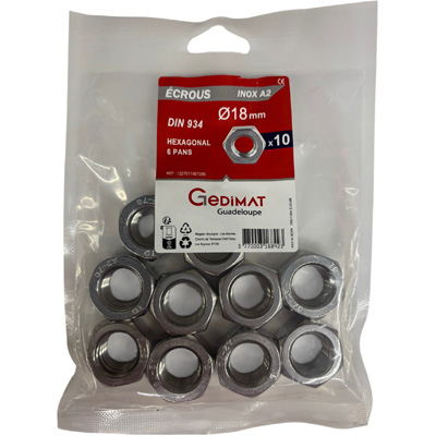 Ecrou hexagonal inox A2 ø 18mm - vendu par 10